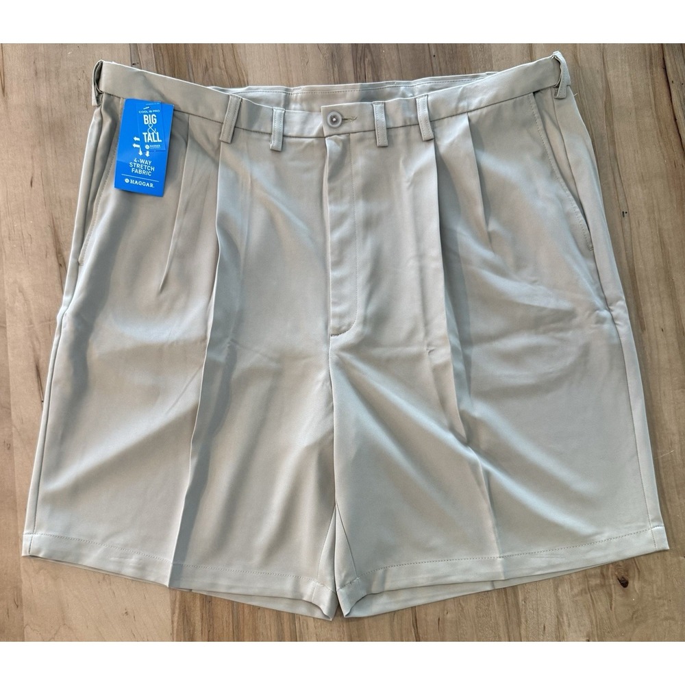 Haggar Cool 18 Pro Golf Shorts Men's Size 46 Khaki Pleated Expandable NWT